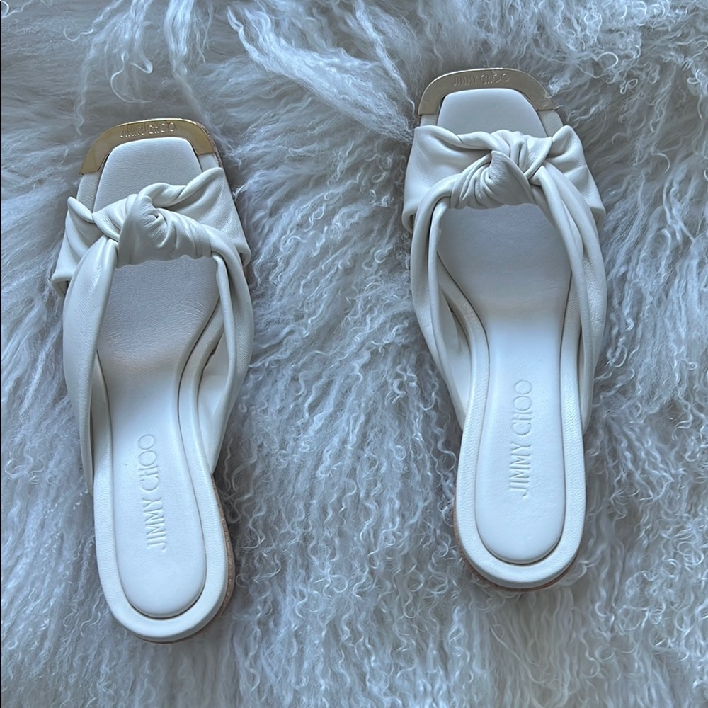 JIMMY CHOO
Avenue Wedge 110 Latte Nappa Leather Wedge Mules Size 7.5